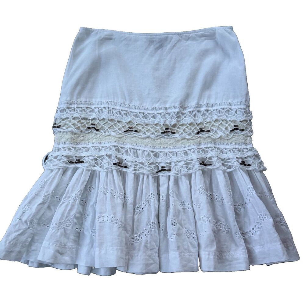 Central Park West Women’s M White Midi 100% Linen Skirt Eylet Embroidered Beaded